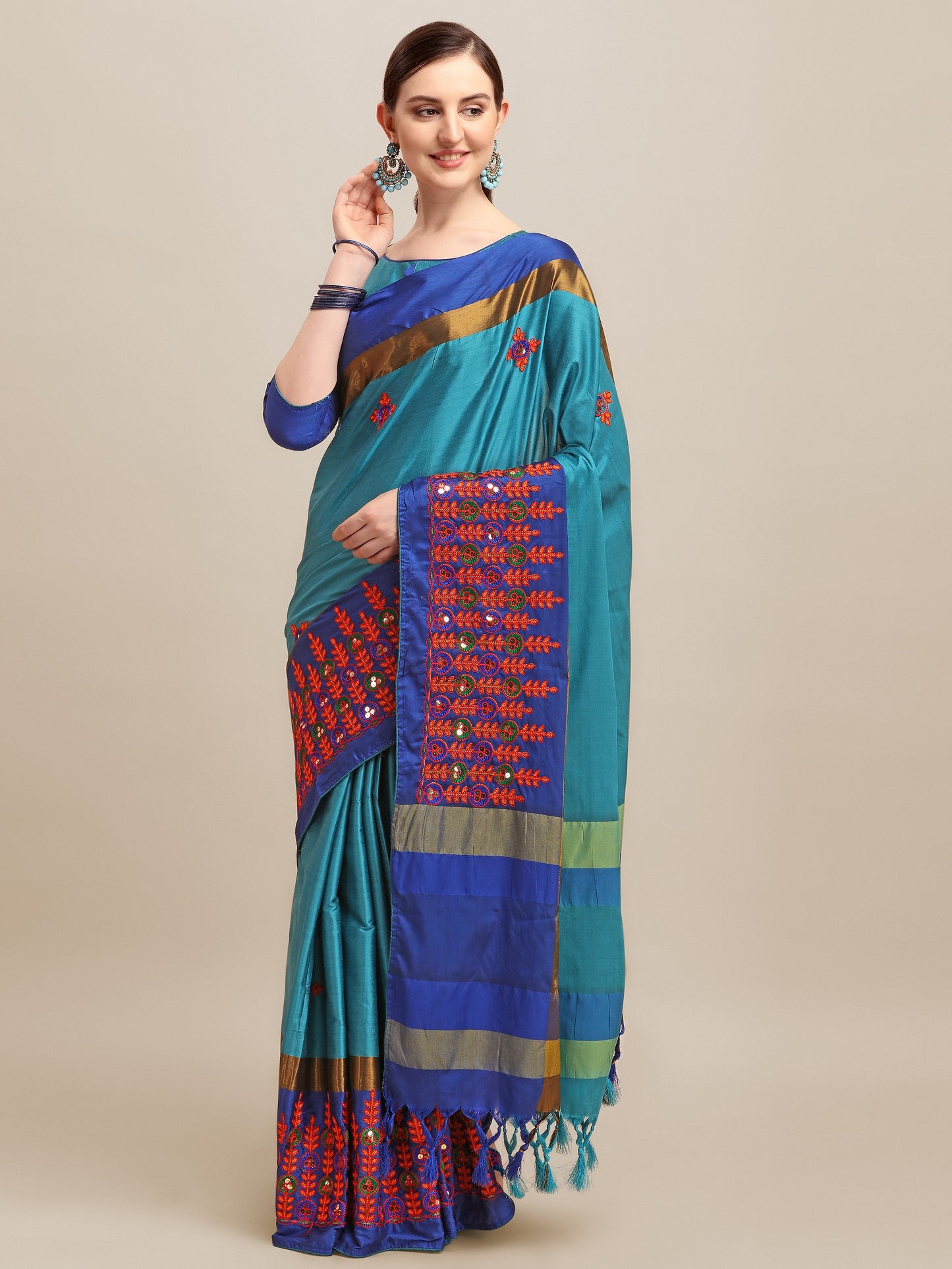 Dhiyona RV Women's Designer Traditional Embroidered Cotton Silk Saree With Blouse ( KVD1245 )