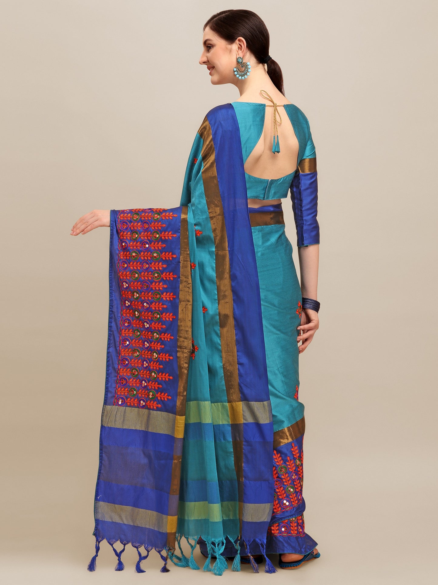 Dhiyona RV Women's Designer Traditional Embroidered Cotton Silk Saree With Blouse ( KVD1245 )