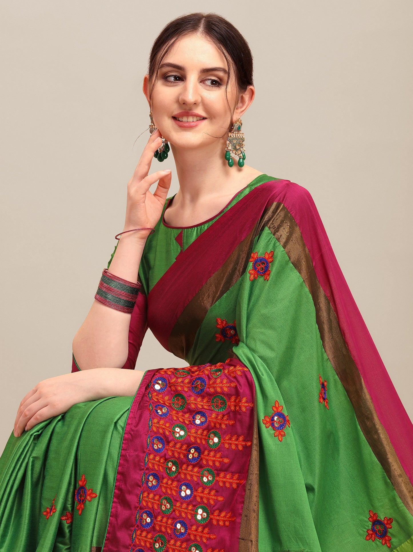 Dhiyona RV Women's Designer Traditional Embroidered Cotton Silk Saree With Blouse ( KVD1246 )