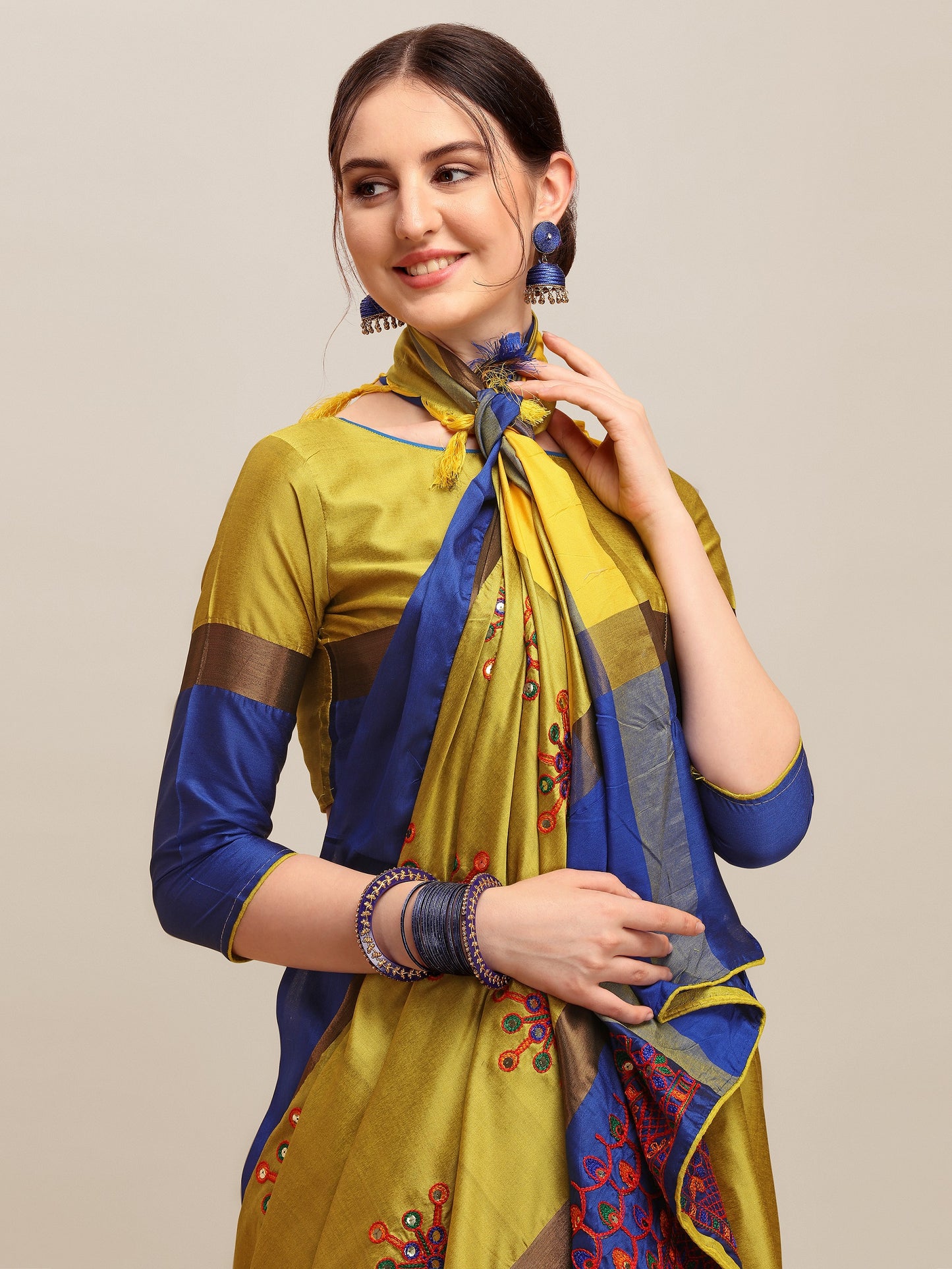 Dhiyona RV Women's Designer Traditional Embroidered Cotton Silk Saree With Blouse ( KVD1254 )