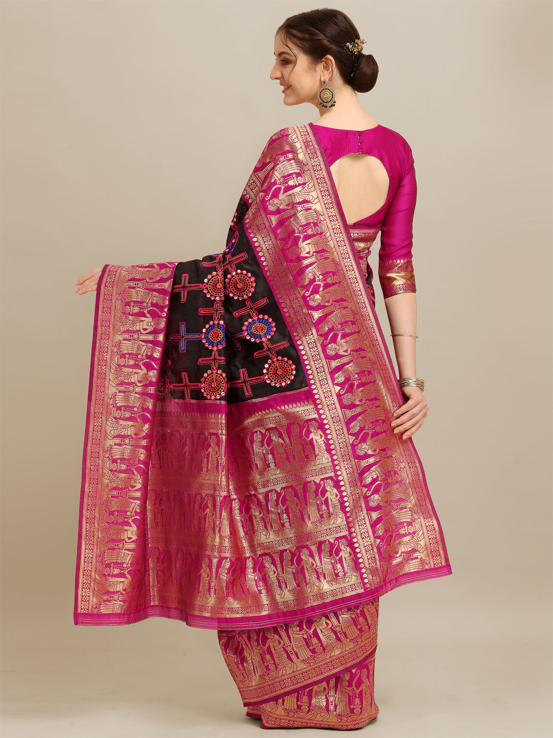 Dhiyona RV Women's Banarasi Jacquard With Zari Weaving And Kutchi Embroidered Saree ( KVD1264 )