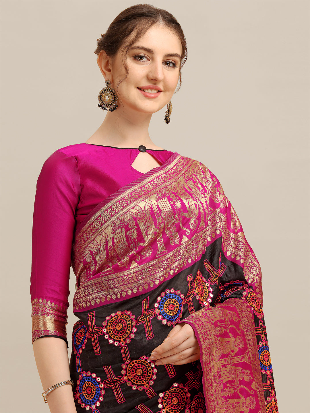 Dhiyona RV Women's Banarasi Jacquard With Zari Weaving And Kutchi Embroidered Saree ( KVD1264 )