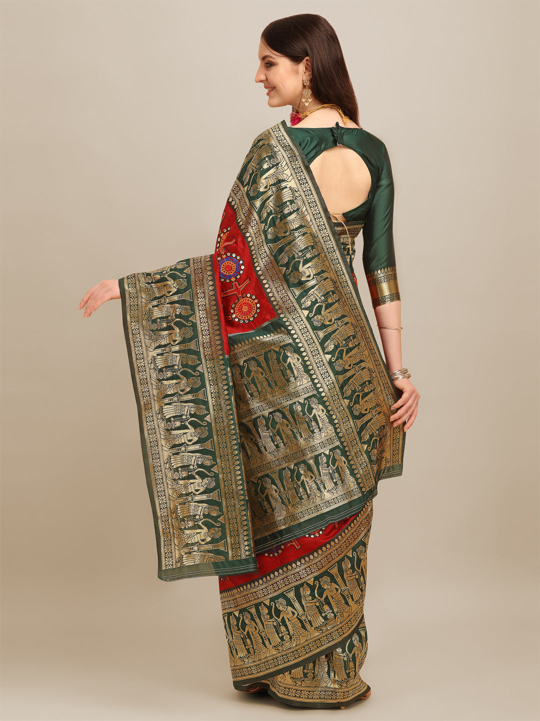 Dhiyona RV Women's Banarasi Jacquard With Zari Weaving And Kutchi Embroidered Saree ( KVD1266 )