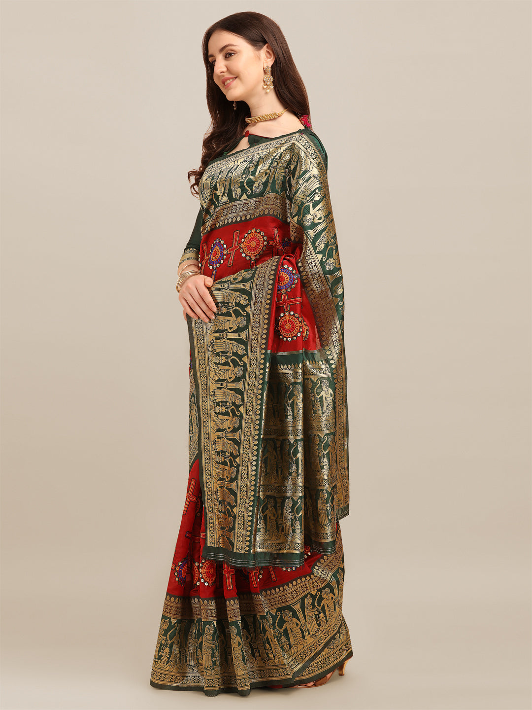 Dhiyona RV Women's Banarasi Jacquard With Zari Weaving And Kutchi Embroidered Saree ( KVD1266 )