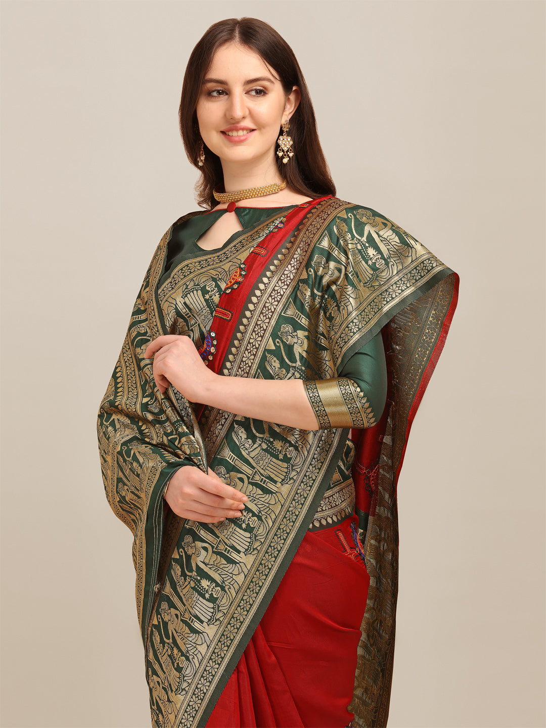 Dhiyona RV Women's Banarasi Jacquard With Zari Weaving And Kutchi Embroidered Saree ( KVD1266 )