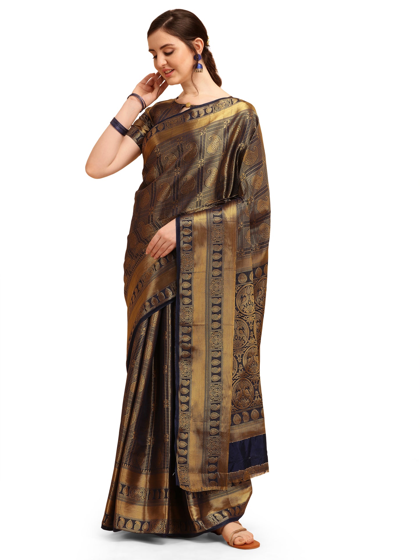 Dhiyona RV Women's Banarasi Cotton Silk With Golden Zari Weaving Pattern Saree With Blouse ( KVD1351 )