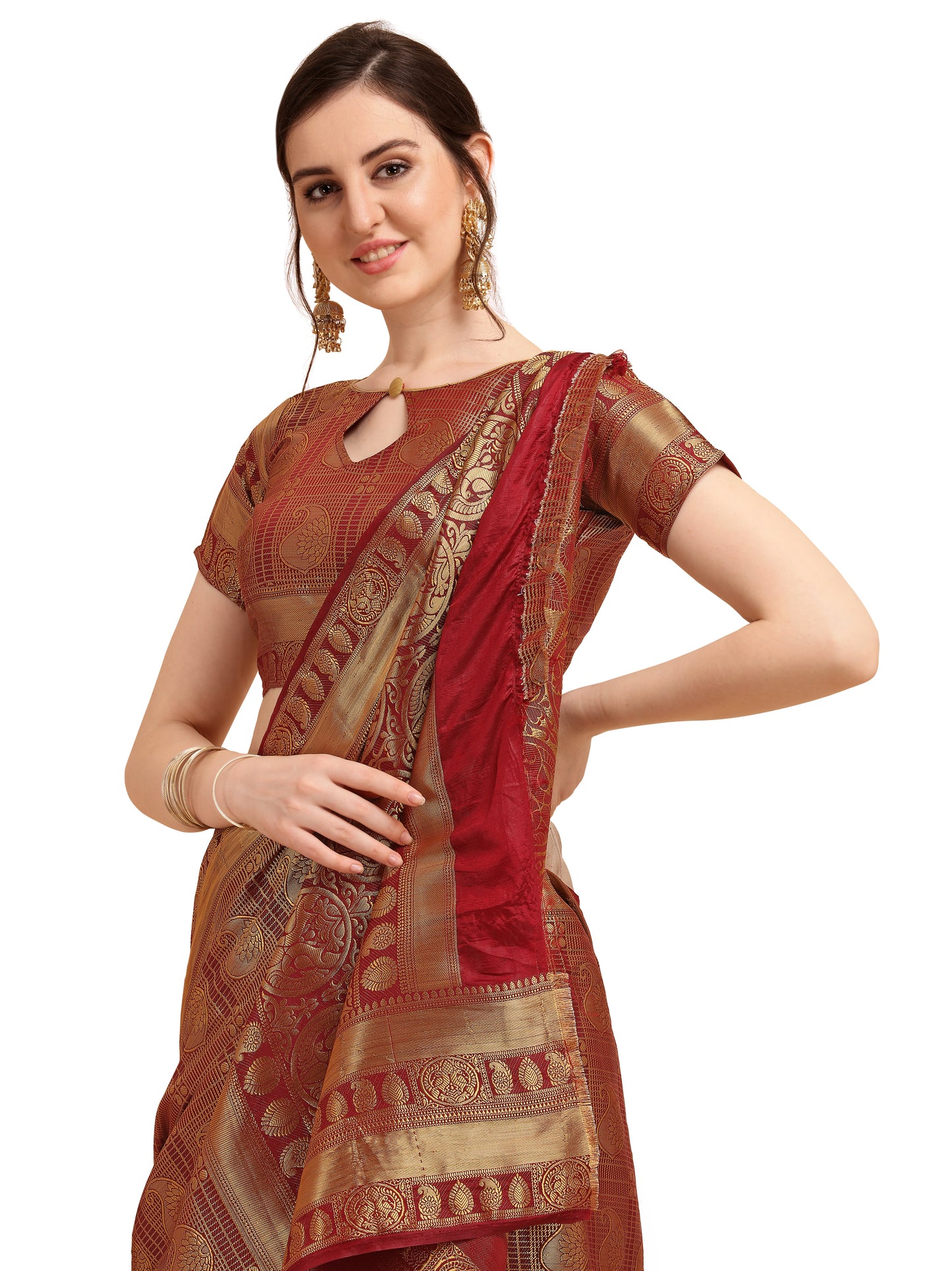 Dhiyona RV Women's Banarasi Cotton Silk With Golden Zari Weaving Pattern Saree With Blouse ( KVD1353 )