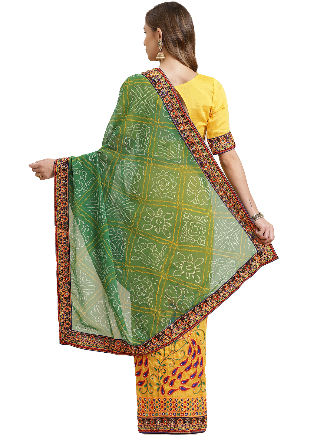 Dhiyona RV Women's Bandhani Georgette And Vichitra Silk With Thread Embroidery Saree ( KVD1411 )