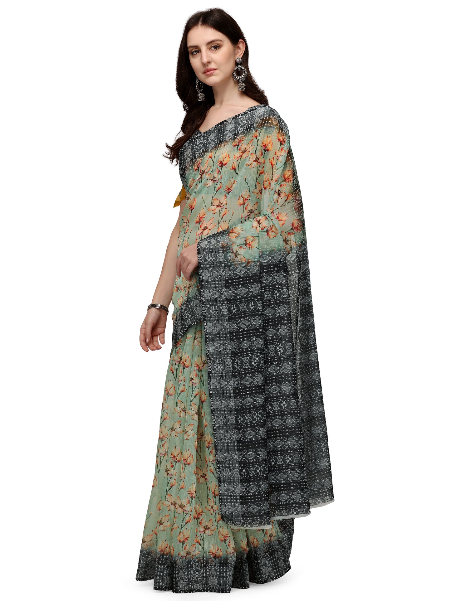 Dhiyona RV Women's Linen Blend Floral Printed Exclusive Saree With Blouse ( KVD1490 )