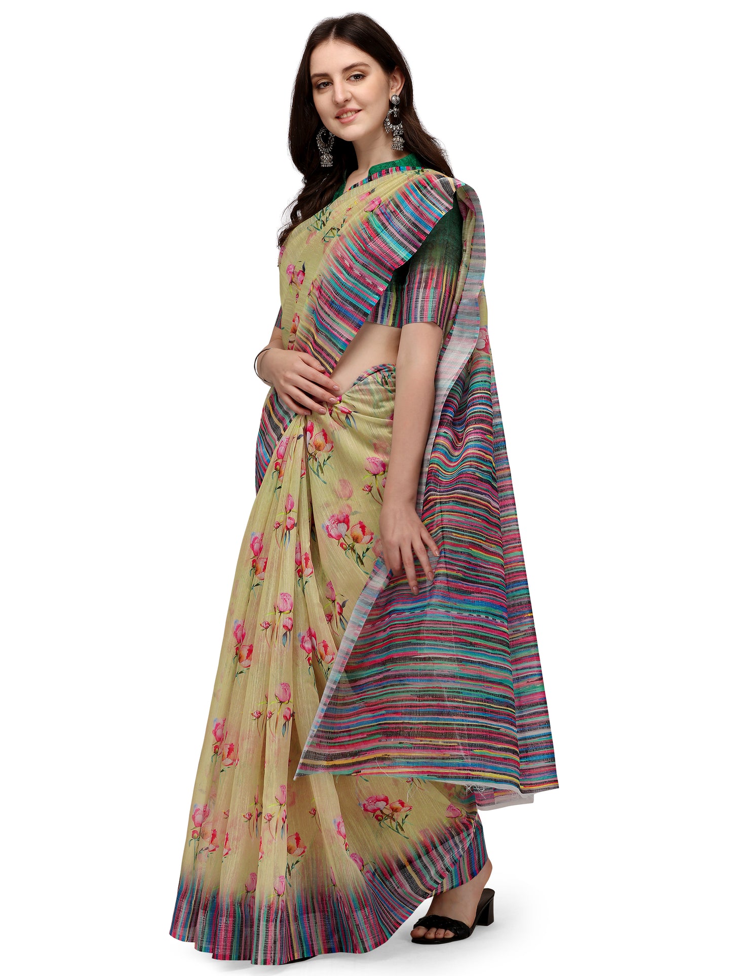 Dhiyona RV Women's Linen Blend Floral Printed Exclusive Saree With Blouse ( KVD1492 )