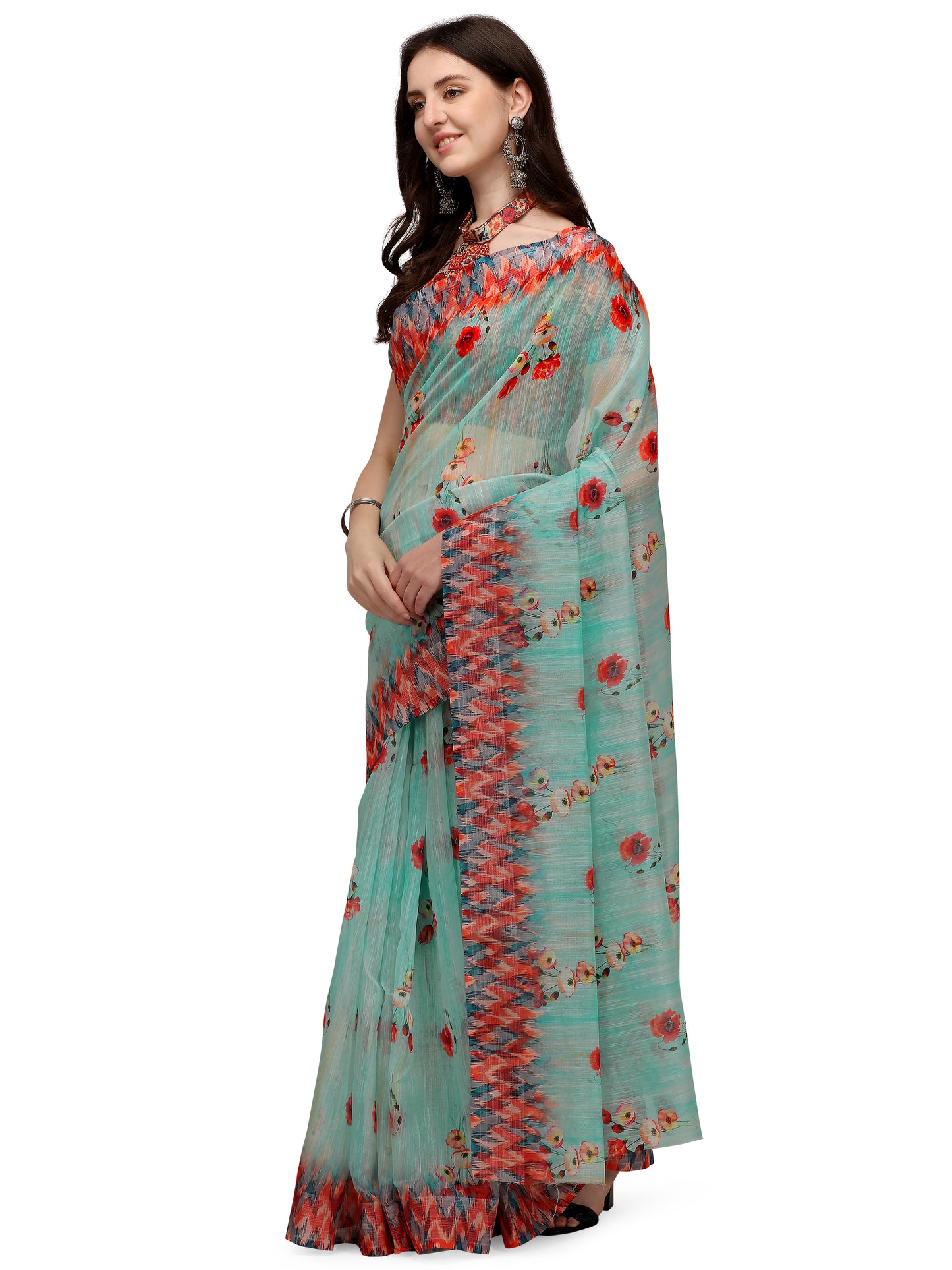 Dhiyona RV Women's Linen Blend Floral Printed Exclusive Saree With Blouse ( KVD1493 )