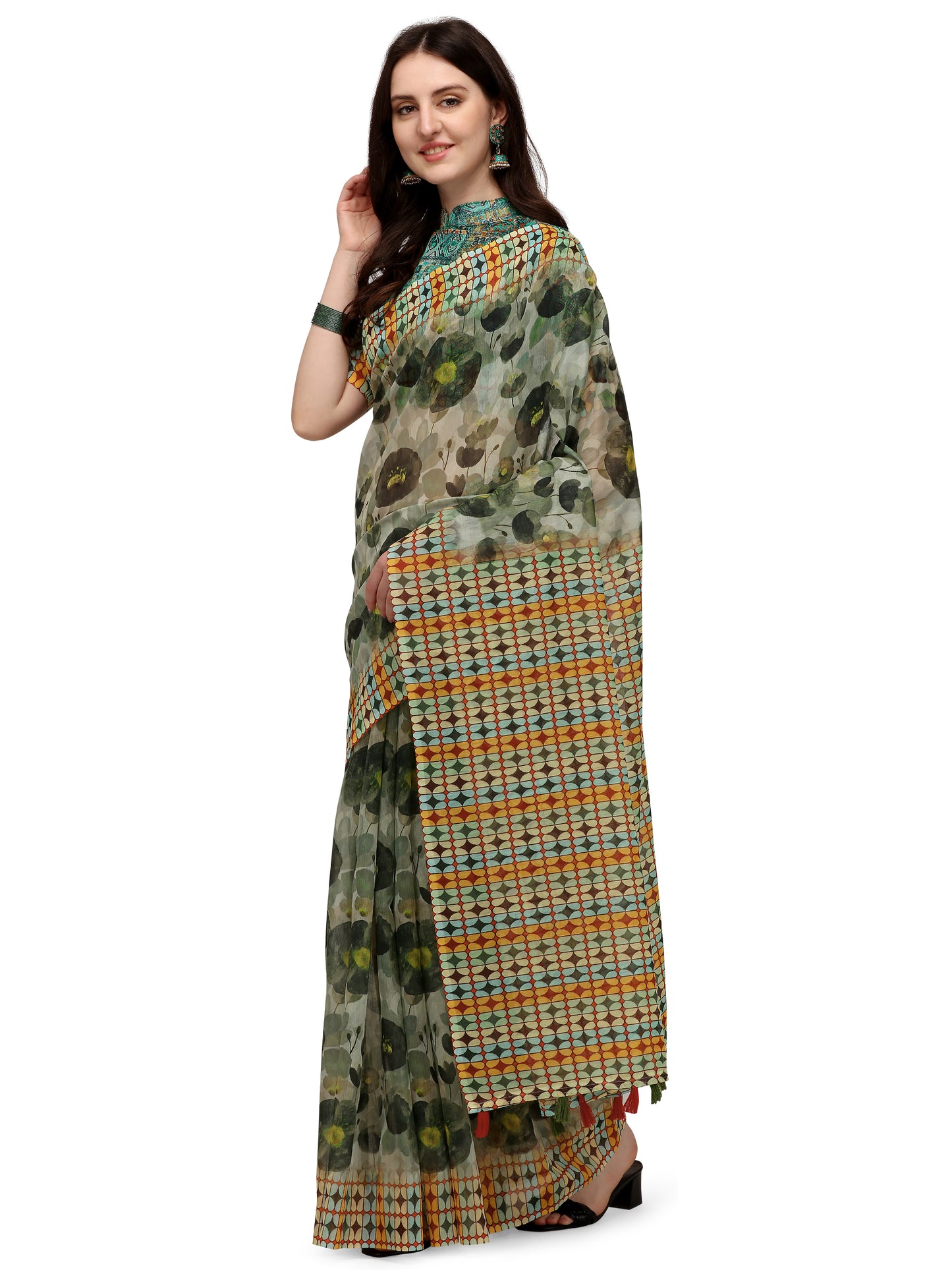 Dhiyona RV Women's Linen Blend Floral Printed Exclusive Saree With Blouse ( KVD1495 )