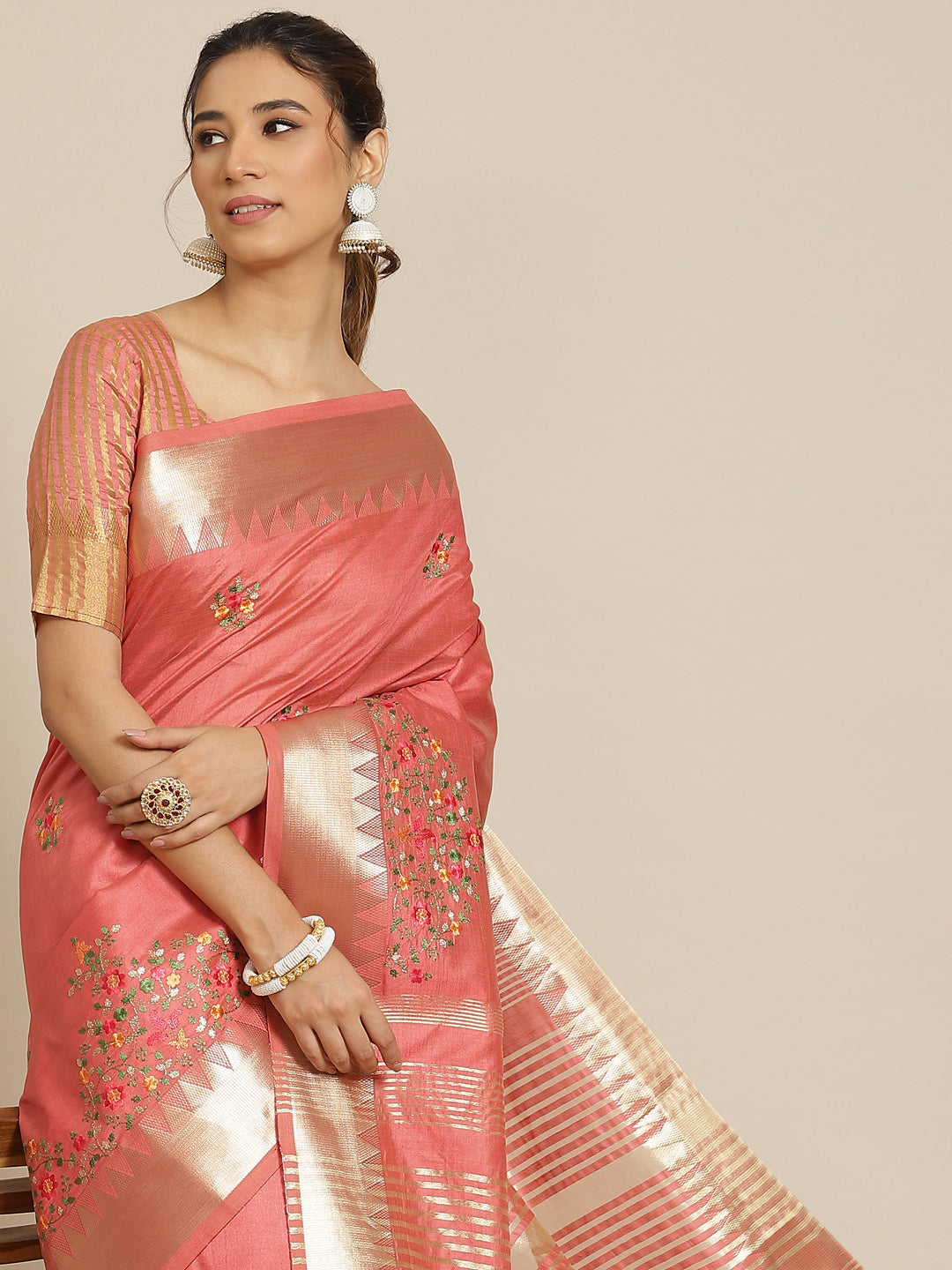 Dhiyona RV Women's Elegant Assam Cotton Silk Embroidered Saree with Temple Contrast Border ( KVD1701 )