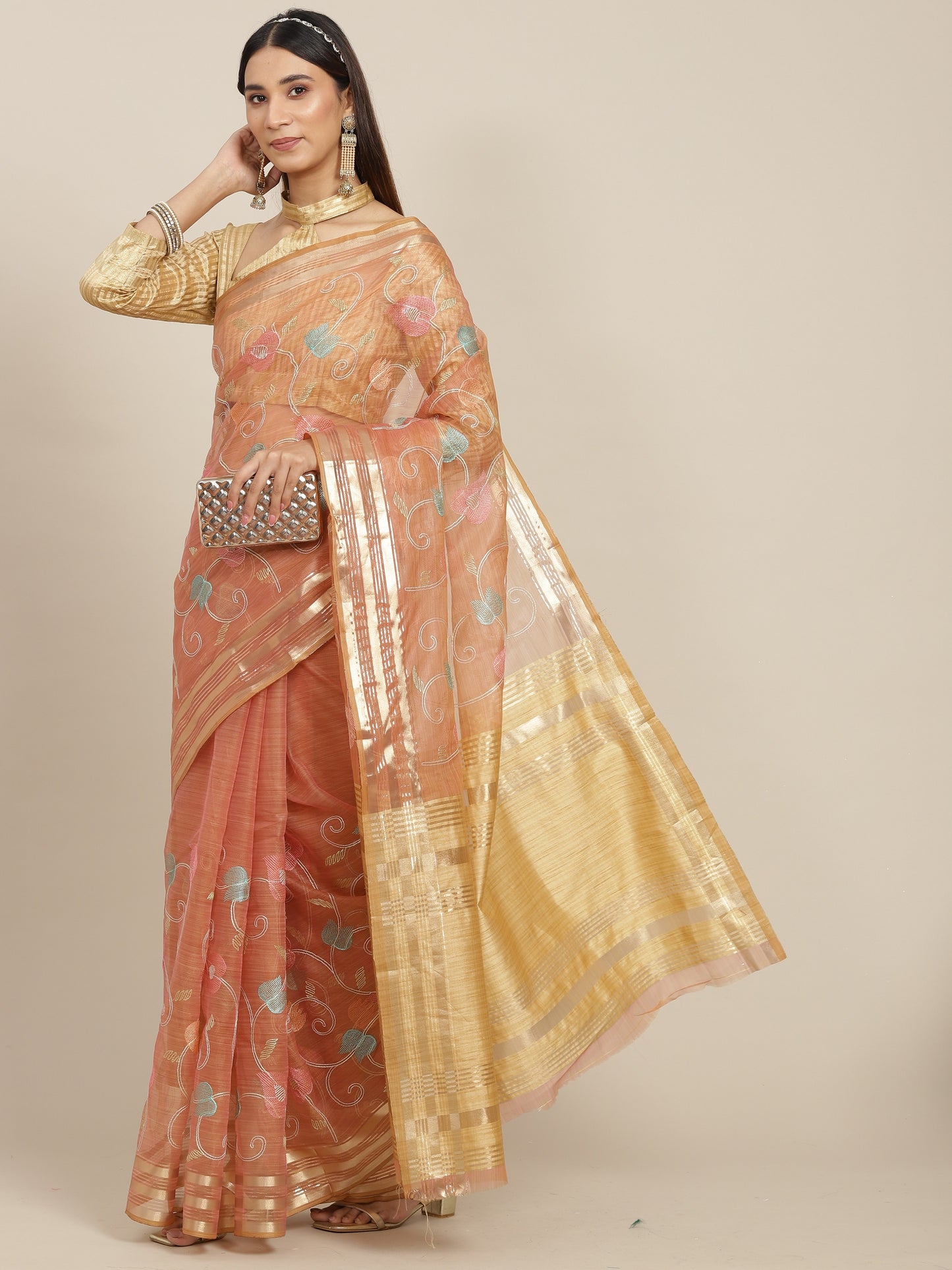 Dhiyona RV Women's Organza Thread Embroidery Weaving Border Attractive Saree ( KVD1857 )