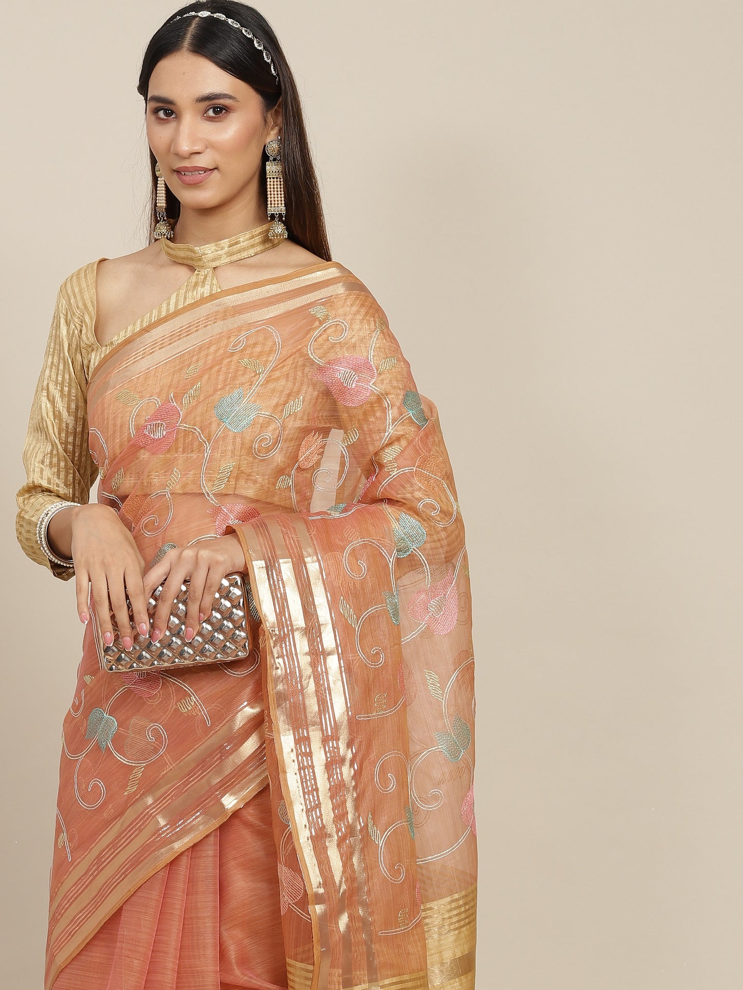 Dhiyona RV Women's Organza Thread Embroidery Weaving Border Attractive Saree ( KVD1857 )