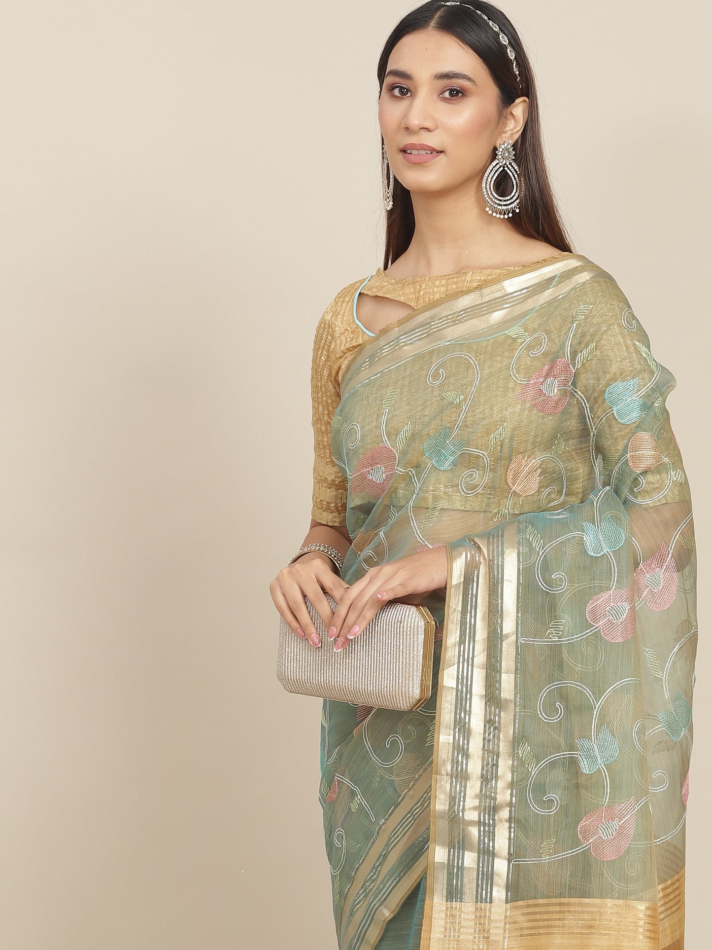 Dhiyona RV Women's Organza Thread Embroidery Weaving Border Attractive Saree ( KVD1858 )