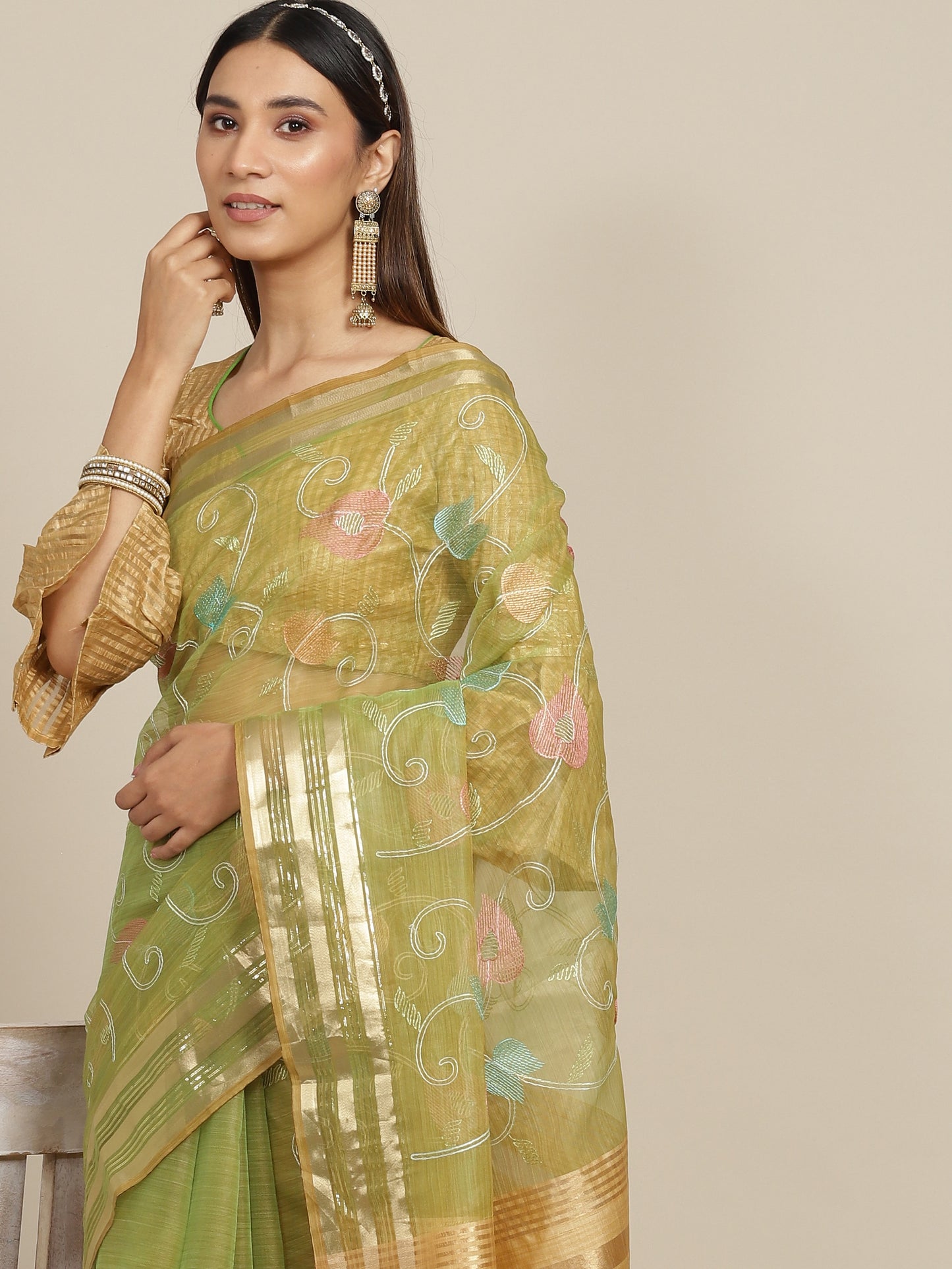 Dhiyona RV Women's Organza Thread Embroidery Weaving Border Attractive Saree ( KVD1860 )