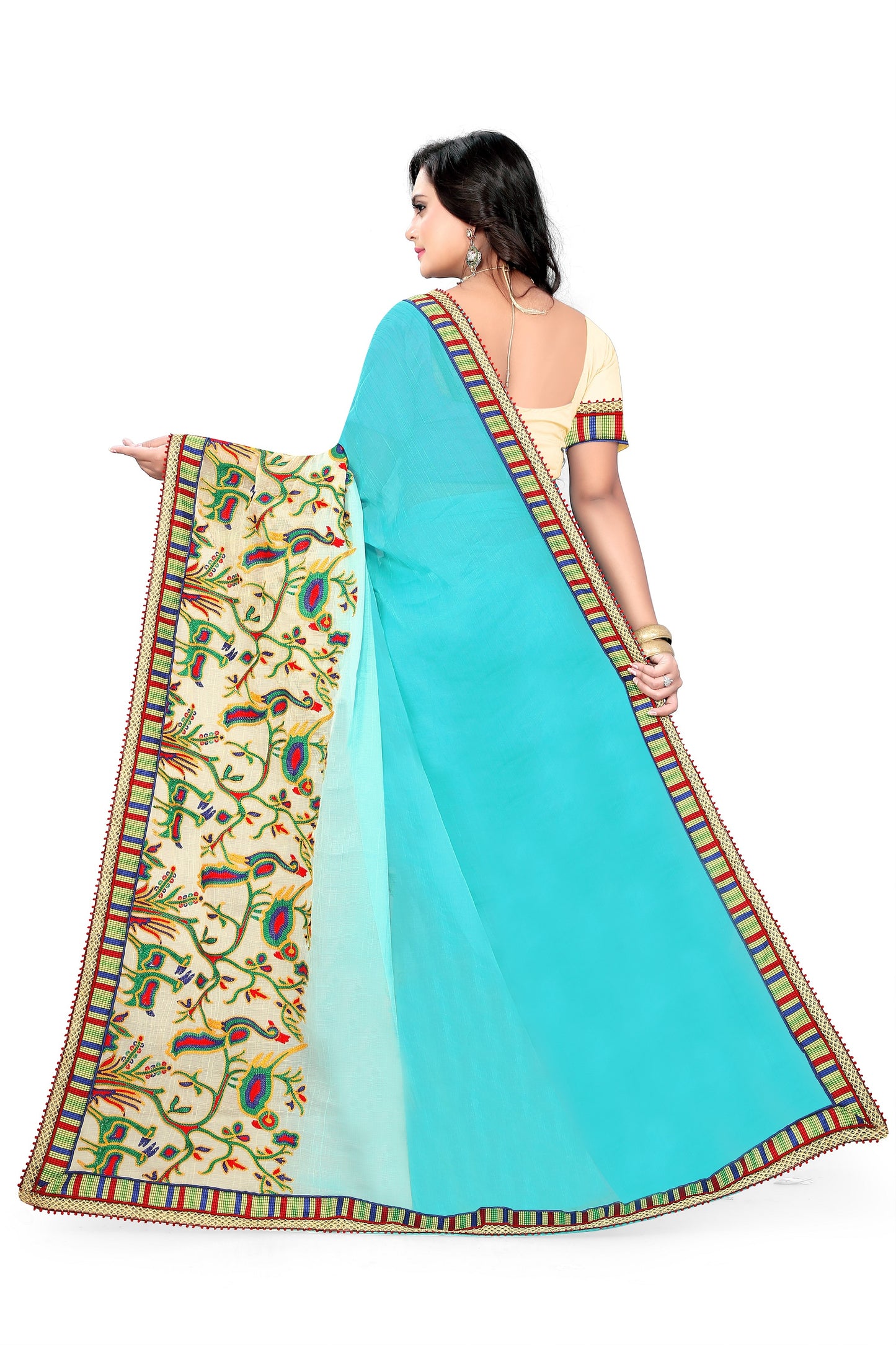 Dhiyona RV Women's Deer Pattern Embroidery Chiffon Saree with Dhupion Blouse ( KVD227 )