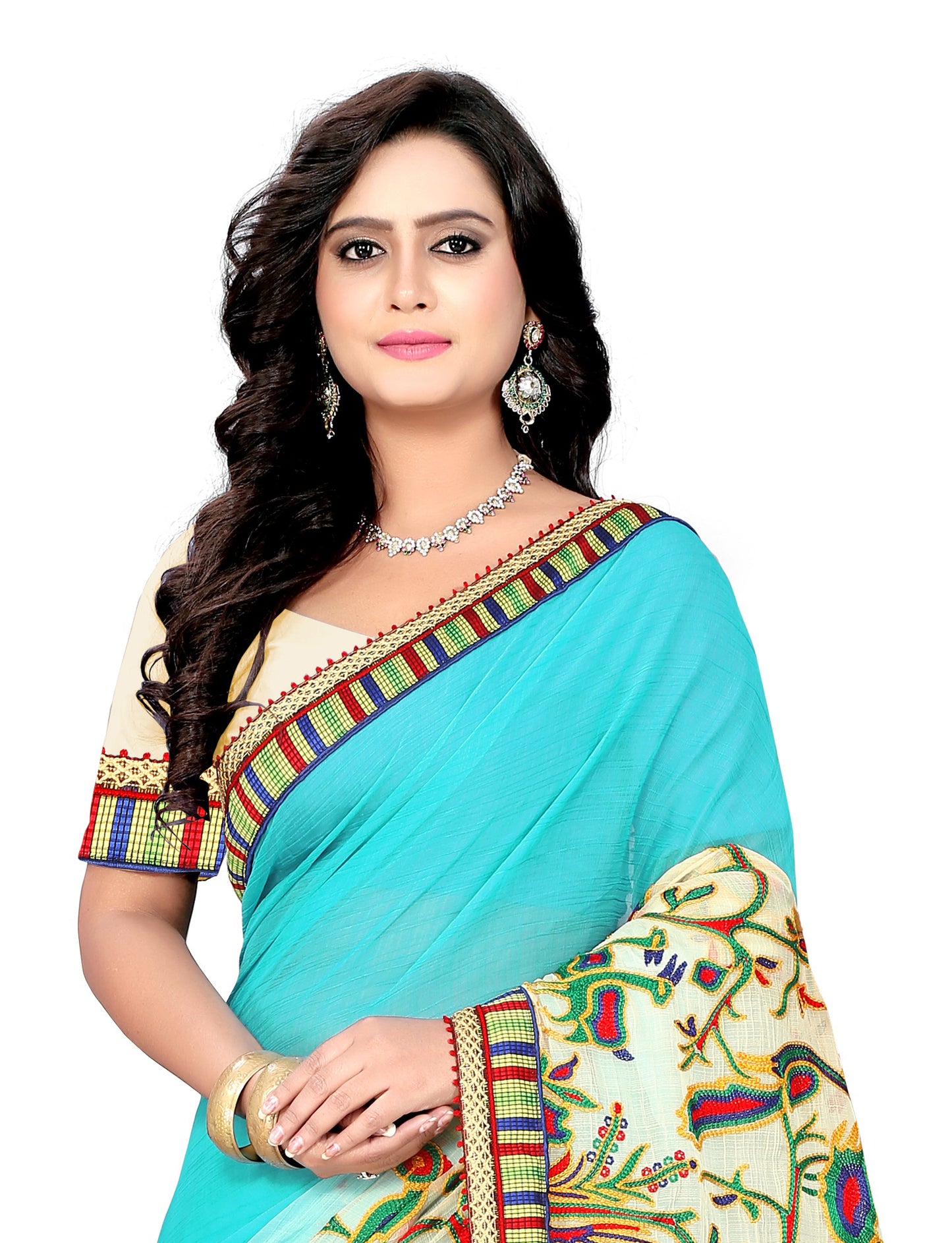 Dhiyona RV Women's Deer Pattern Embroidery Chiffon Saree with Dhupion Blouse ( KVD227 )