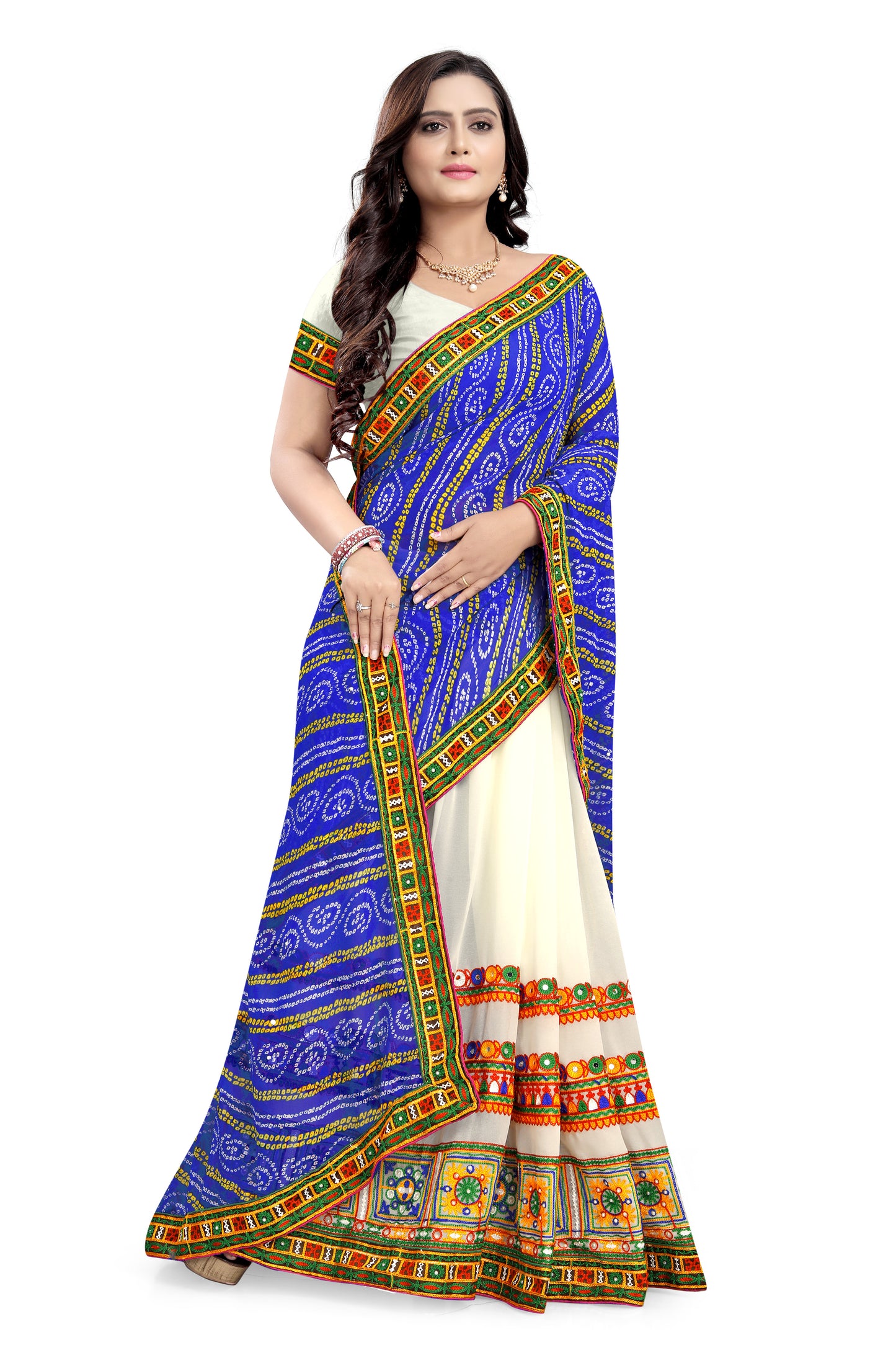 Dhiyona RV Women's Half And Half Bandhani Pallu With Kutchi Embroidered Saree ( KVD930 )