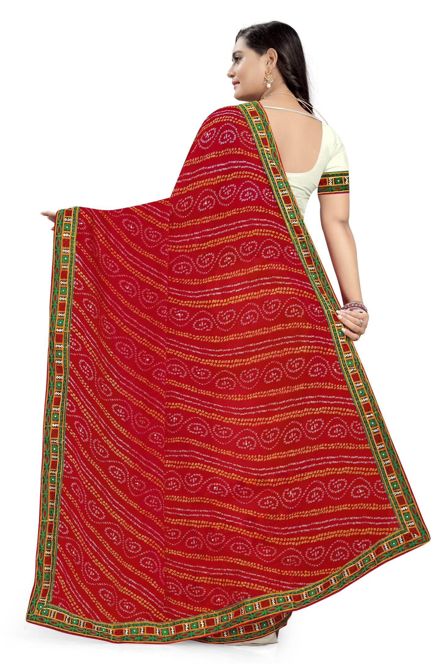 Dhiyona RV Women's Half And Half Bandhani Pallu With Kutchi Embroidered Saree ( KVD932 )
