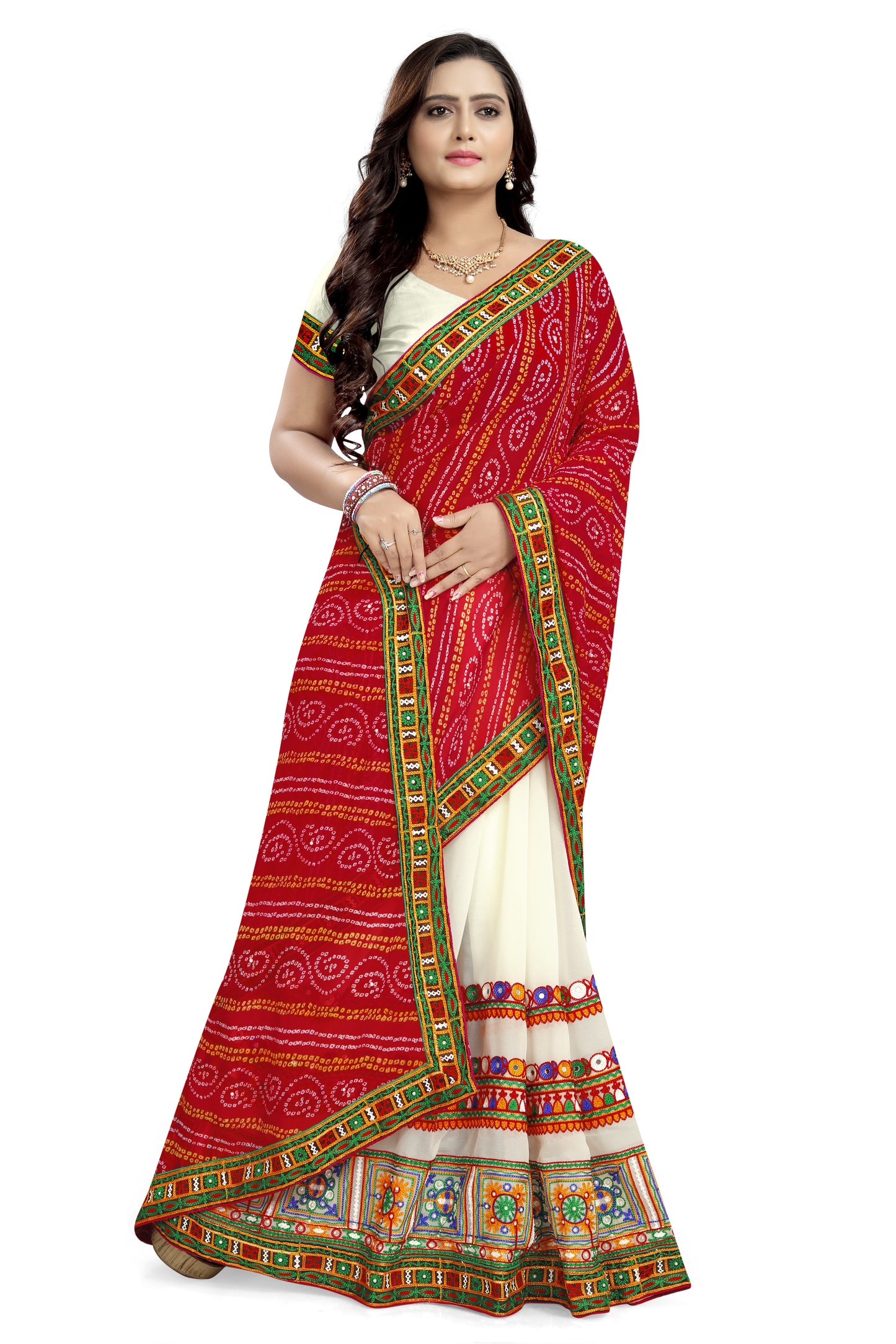 Dhiyona RV Women's Half And Half Bandhani Pallu With Kutchi Embroidered Saree ( KVD932 )
