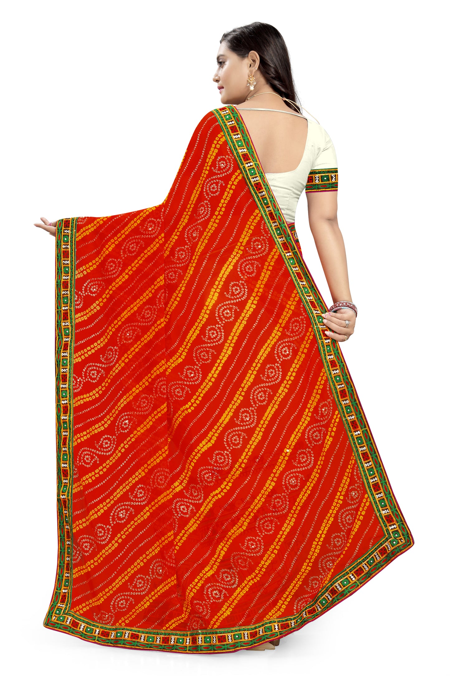 Dhiyona RV Women's Half And Half Bandhani Pallu With Kutchi Embroidered Saree ( KVD933 )
