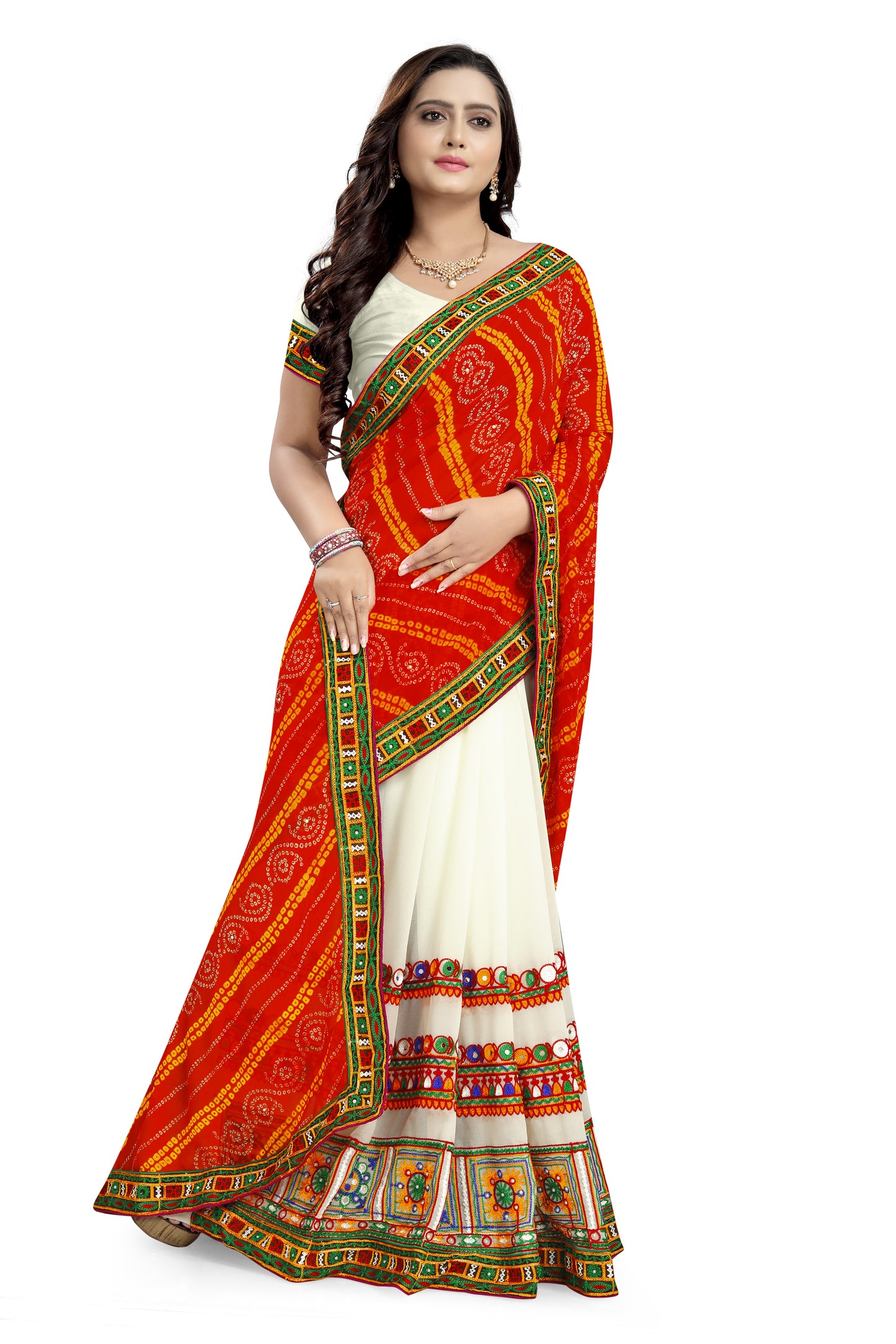 Dhiyona RV Women's Half And Half Bandhani Pallu With Kutchi Embroidered Saree ( KVD933 )