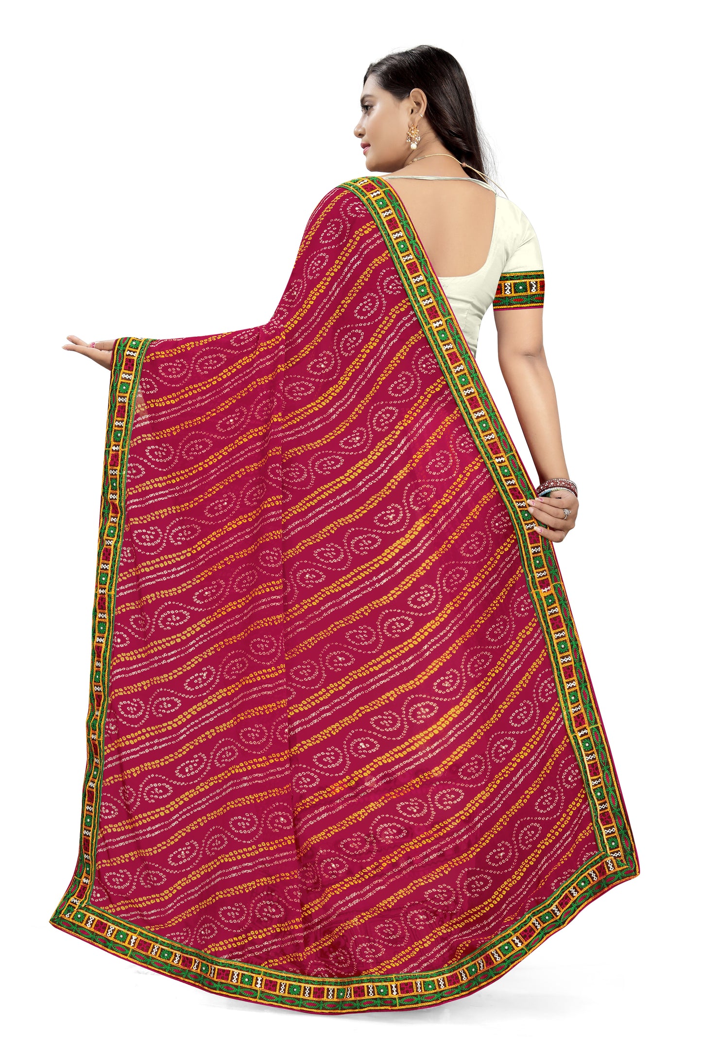 Dhiyona RV Women's Half And Half Bandhani Pallu With Kutchi Embroidered Saree ( KVD934 )