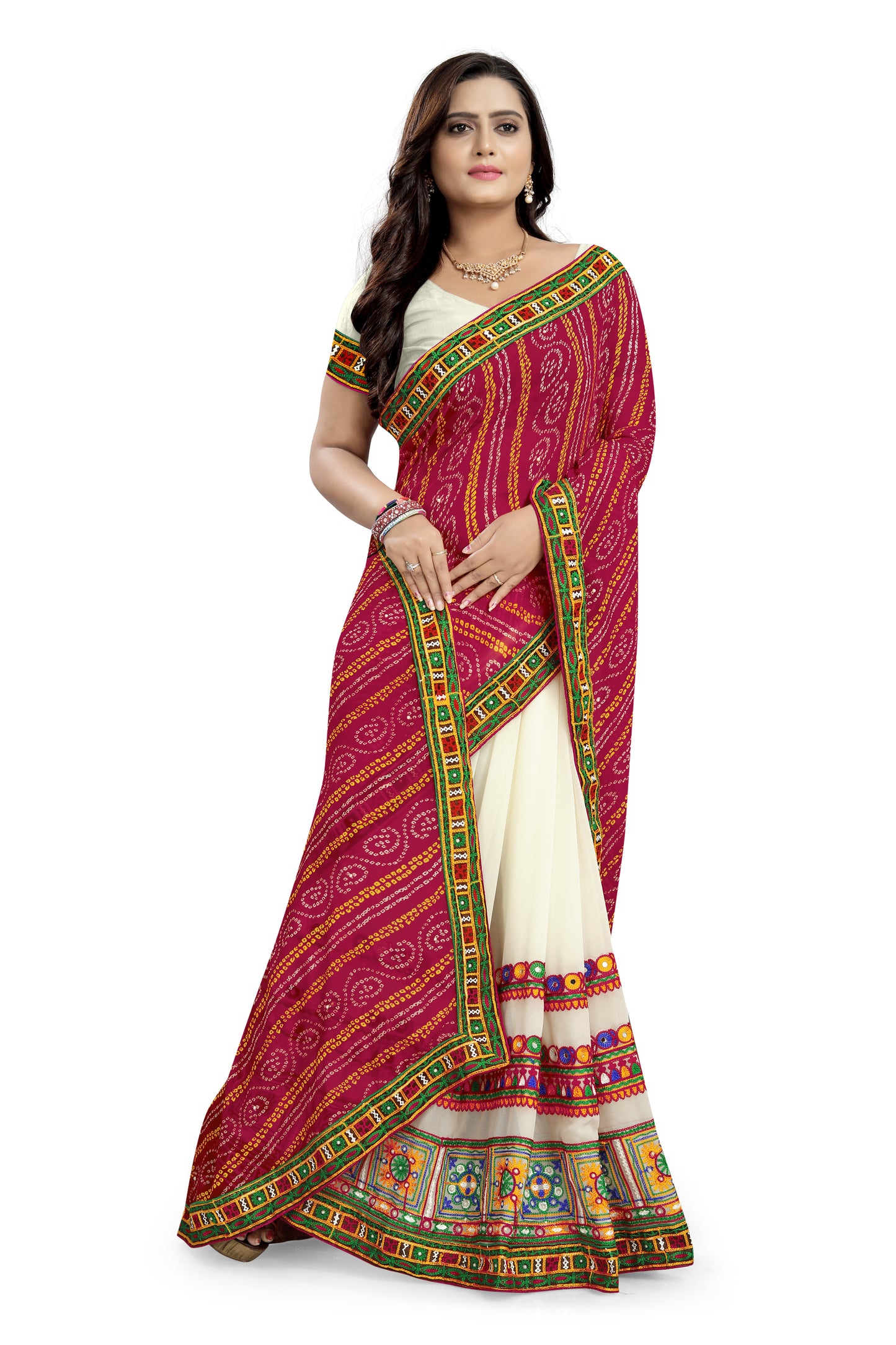 Dhiyona RV Women's Half And Half Bandhani Pallu With Kutchi Embroidered Saree ( KVD934 )