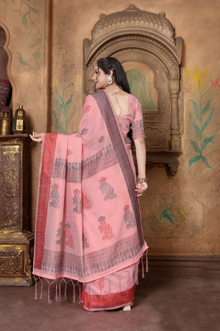 Dhiyona GR Women's Riwaz Cherry Blossom Pink Soft Linen Woven Saree