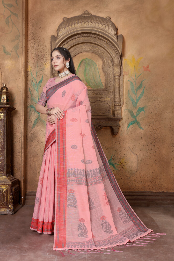 Dhiyona GR Women's Riwaz Cherry Blossom Pink Soft Linen Woven Saree