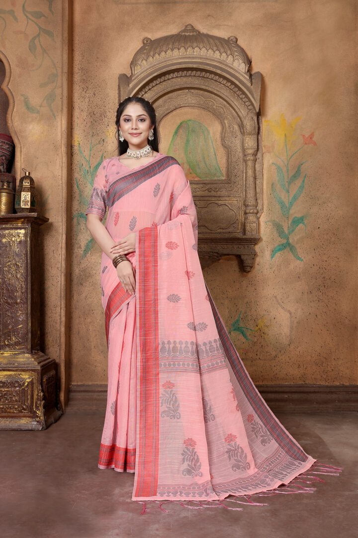 Dhiyona GR Women's Riwaz Cherry Blossom Pink Soft Linen Woven Saree