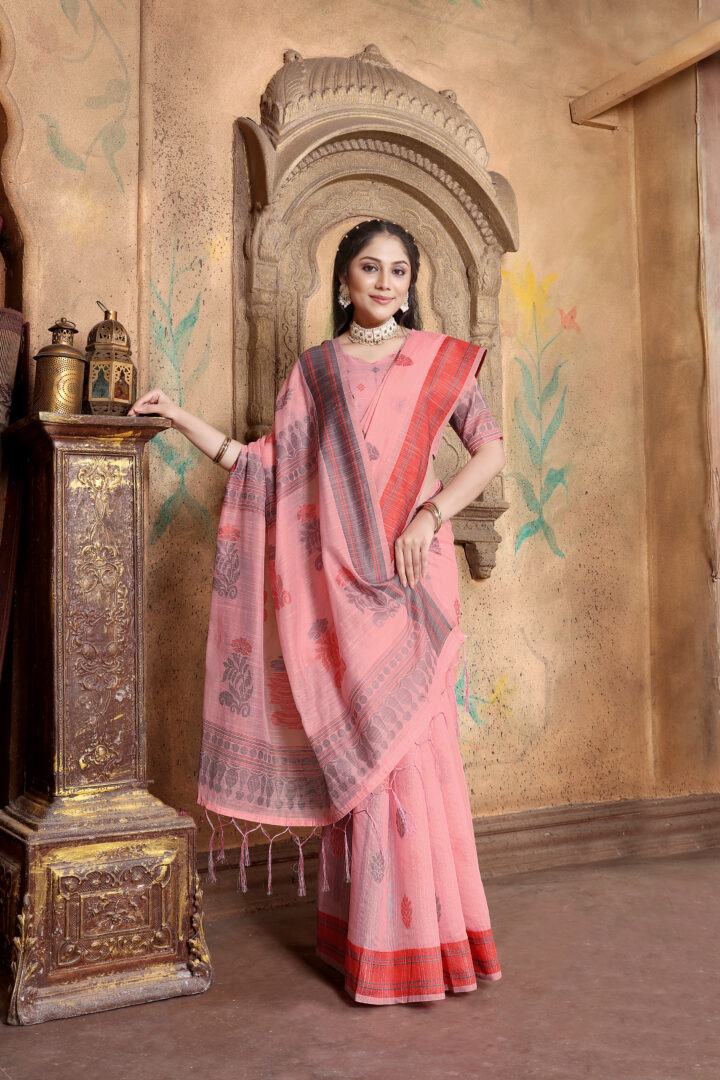 Dhiyona GR Women's Riwaz Cherry Blossom Pink Soft Linen Woven Saree
