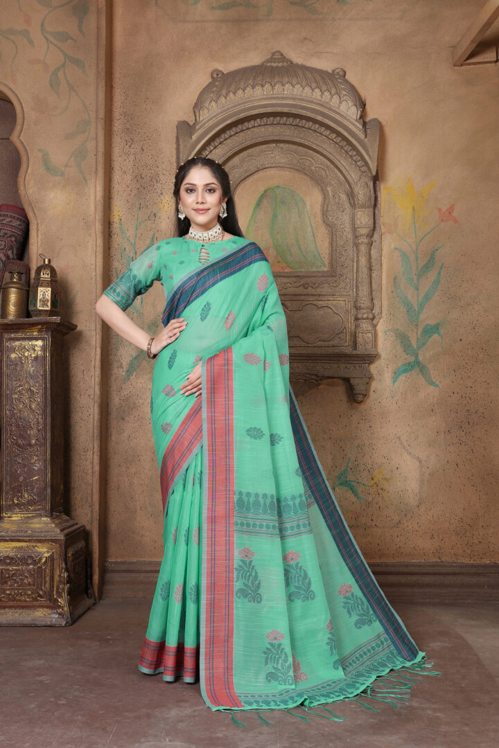 Dhiyona GR Women's Riwaz Pool Green Soft Linen Woven Saree