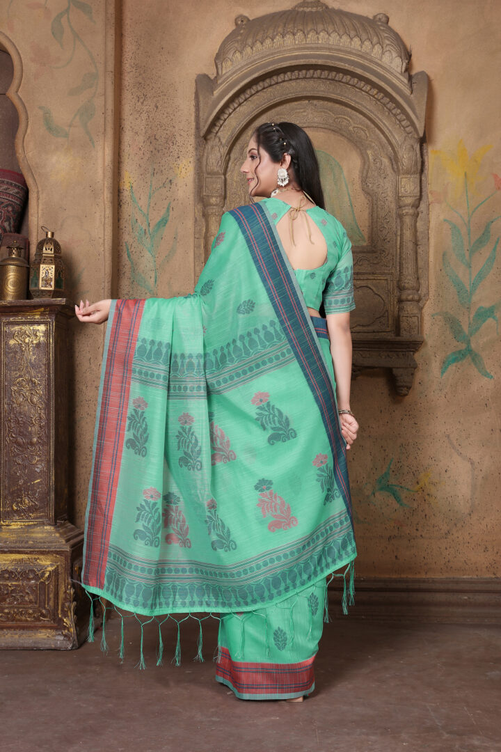 Dhiyona GR Women's Riwaz Pool Green Soft Linen Woven Saree
