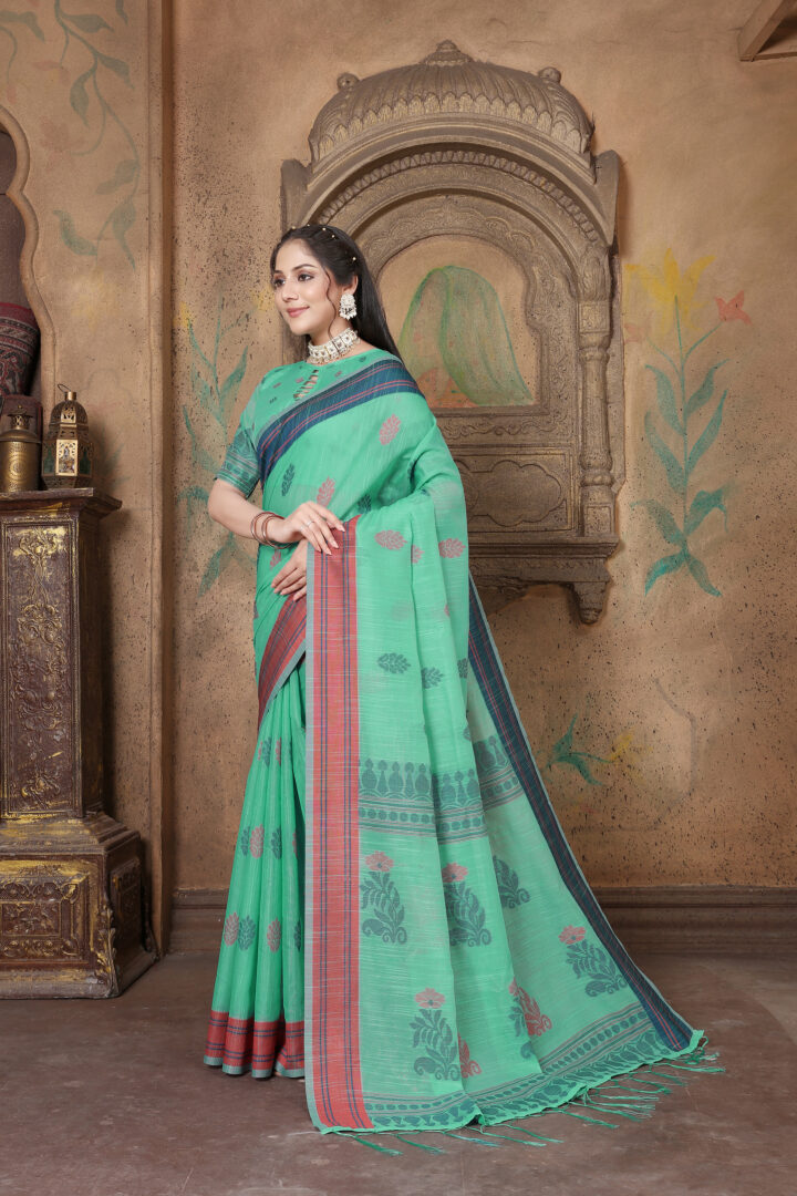 Dhiyona GR Women's Riwaz Pool Green Soft Linen Woven Saree