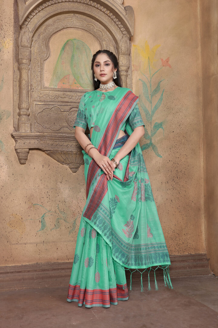 Dhiyona GR Women's Riwaz Pool Green Soft Linen Woven Saree