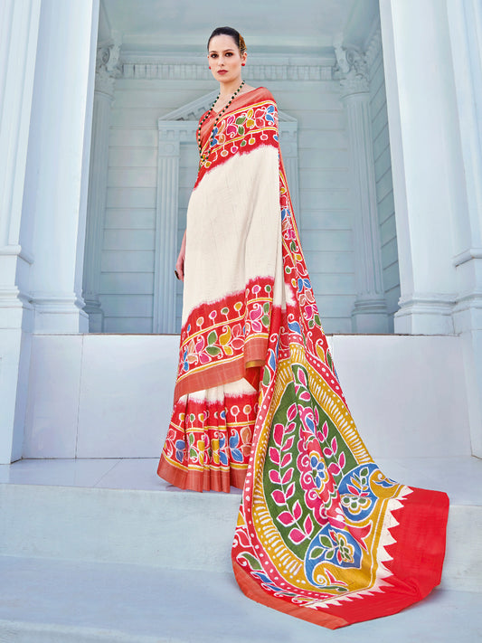 Women's Cotton Blend White Printed Designer Saree With Blouse Piece