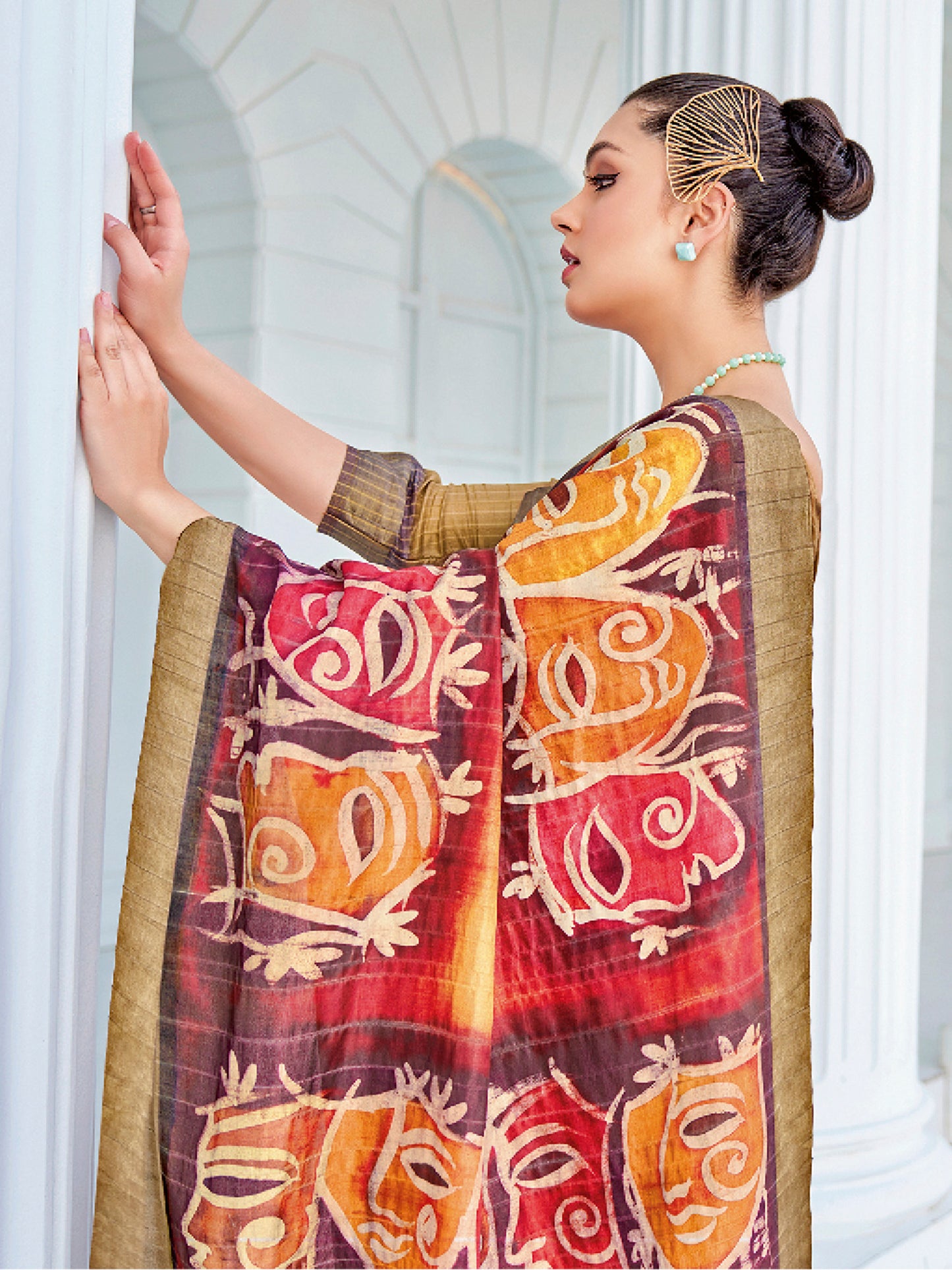 Women's Cotton Blend Olive Printed Designer Saree With Blouse Piece
