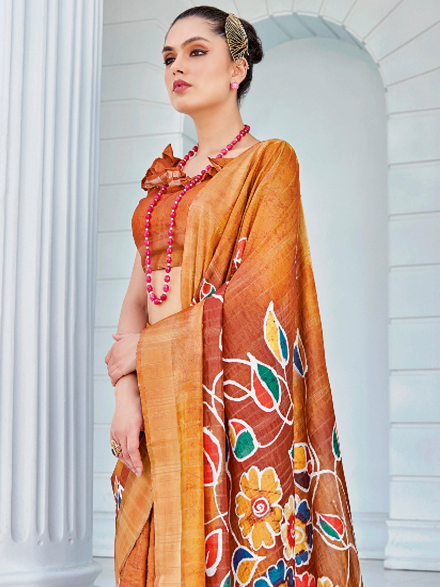 Women's Cotton Blend Orange Printed Designer Saree With Blouse Piece