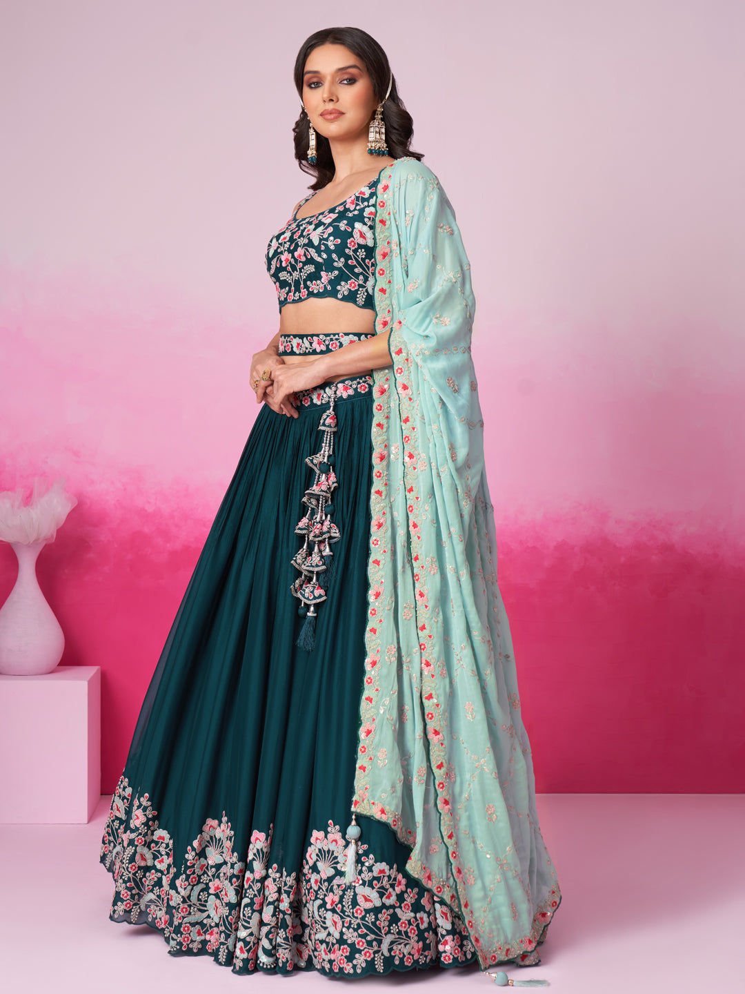 Women Teal Pure Georgette Sequin embroidery Lehenga choli & Dupatta