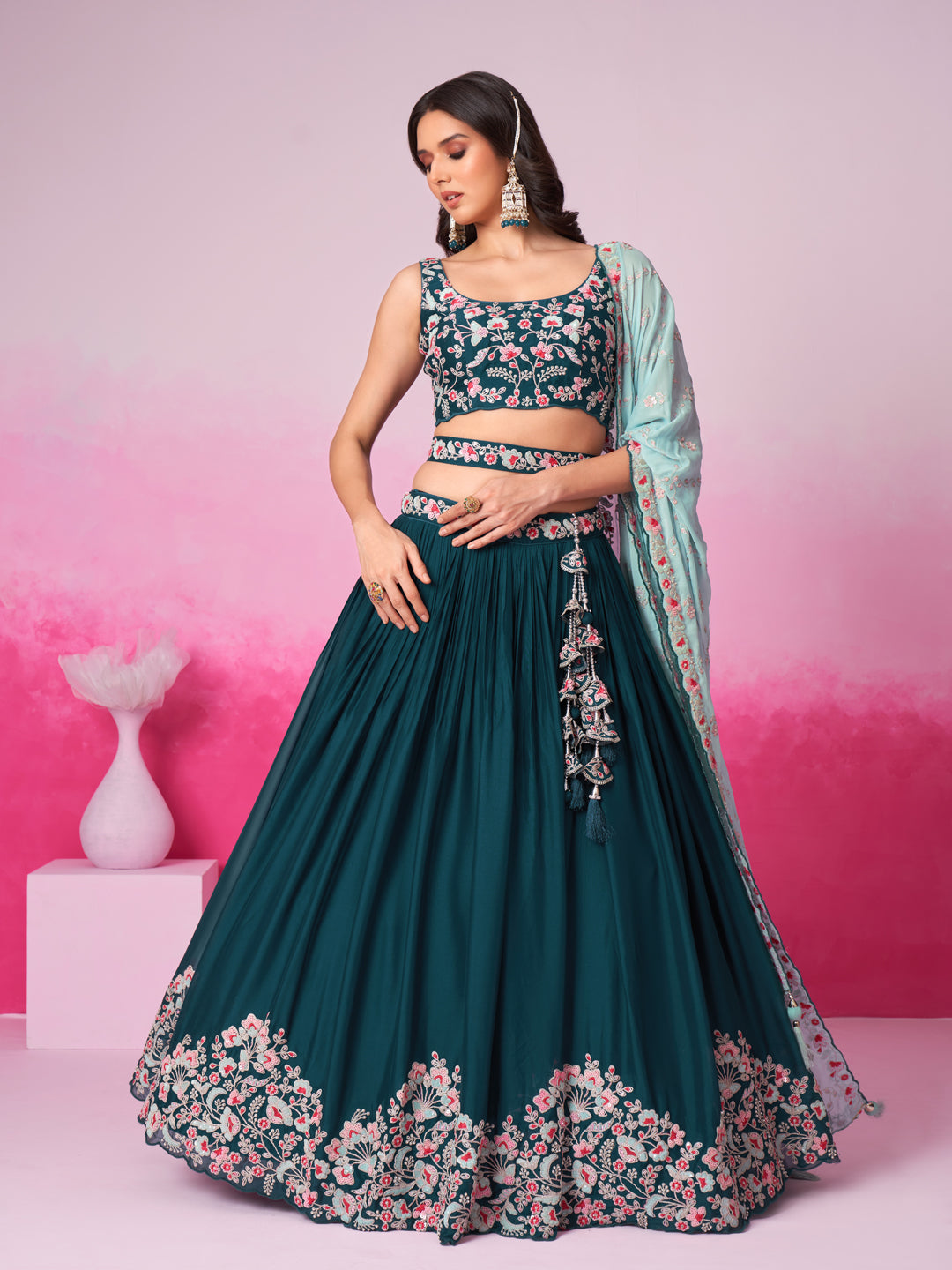 Women Teal Pure Georgette Sequin embroidery Lehenga choli & Dupatta