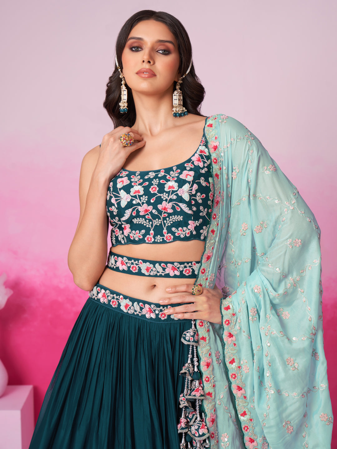 Women Teal Pure Georgette Sequin embroidery Lehenga choli & Dupatta