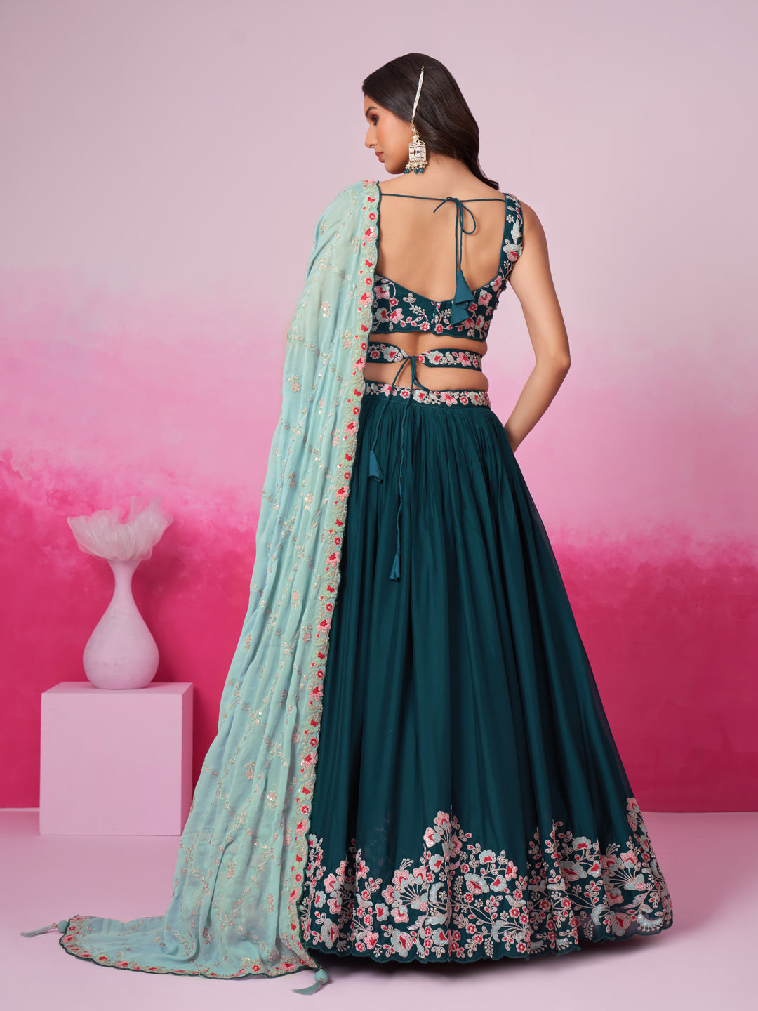 Women Teal Pure Georgette Sequin embroidery Lehenga choli & Dupatta