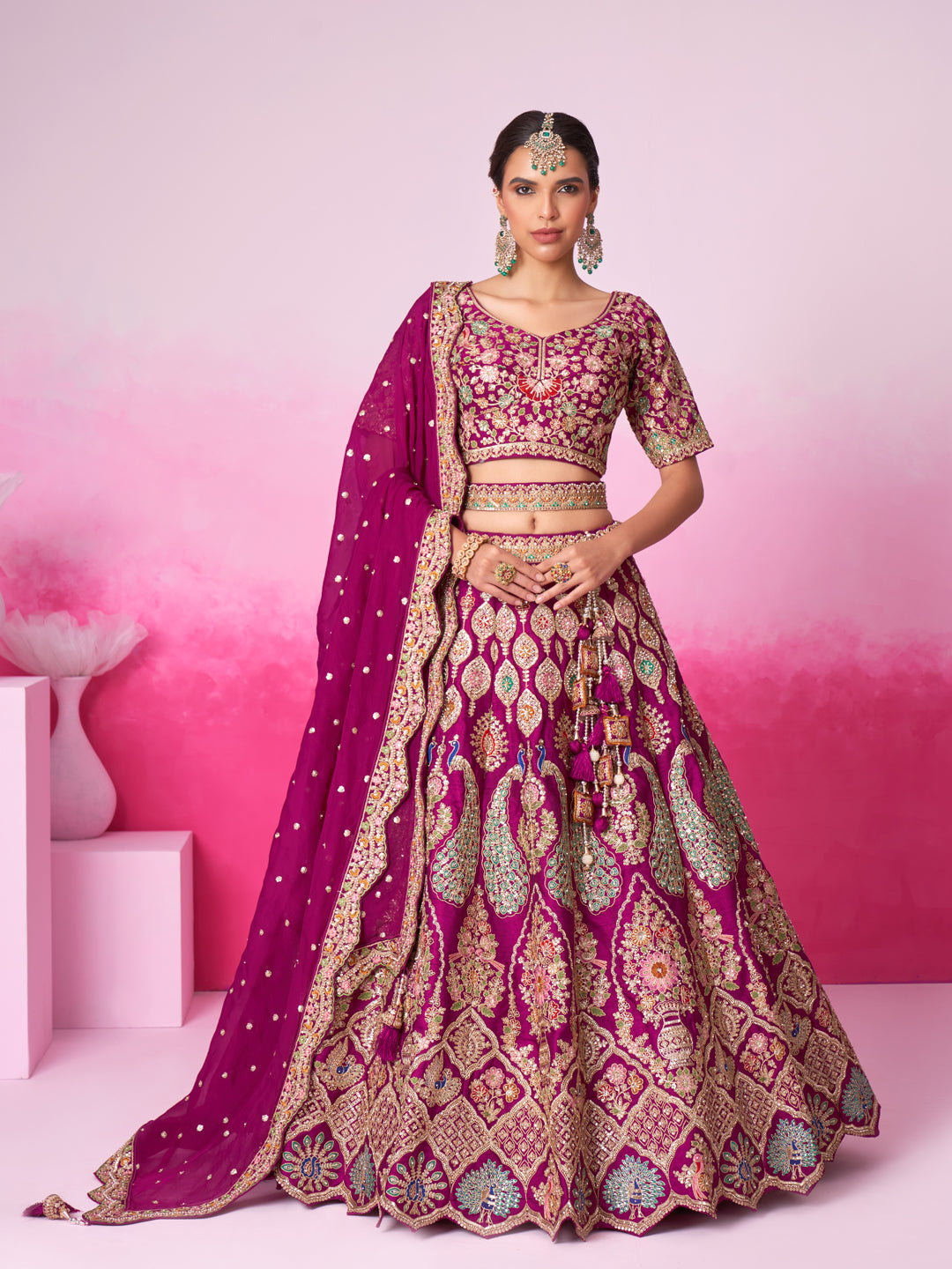 Women Burgundy Pure silk Moti, Sequins embroidery Bridel Lehenga choli & Dupatta