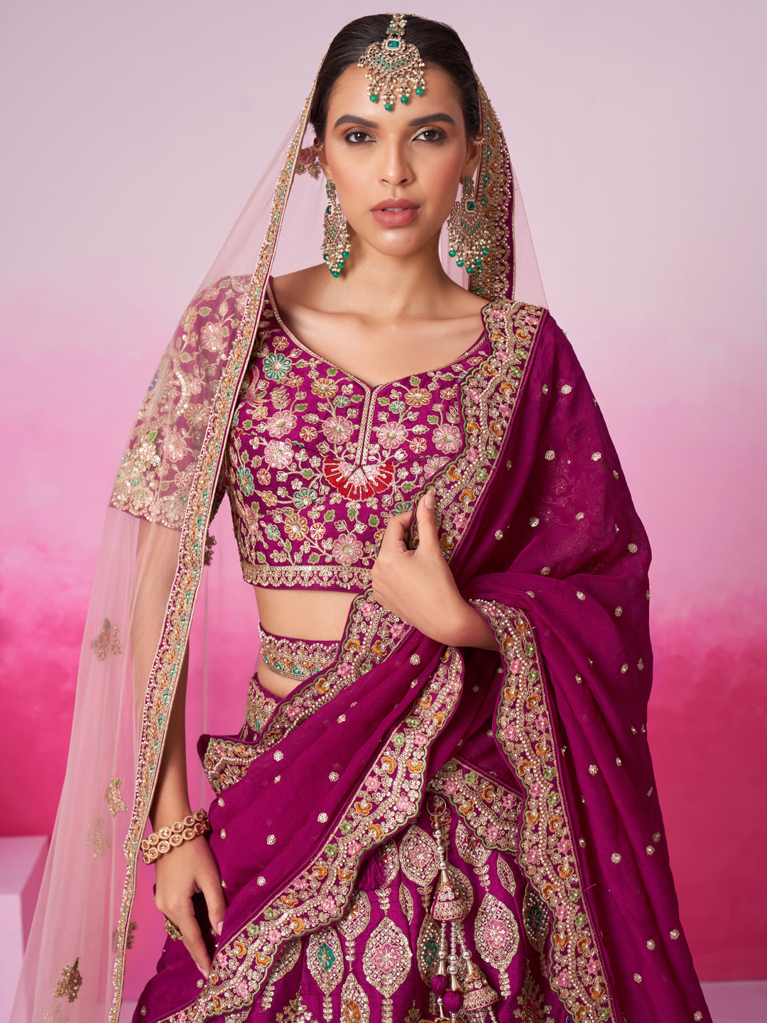 Women Burgundy Pure silk Moti, Sequins embroidery Bridel Lehenga choli & Dupatta