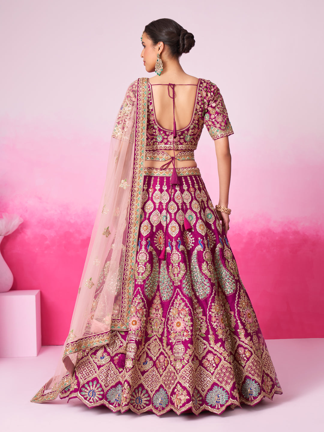 Women Burgundy Pure silk Moti, Sequins embroidery Bridel Lehenga choli & Dupatta