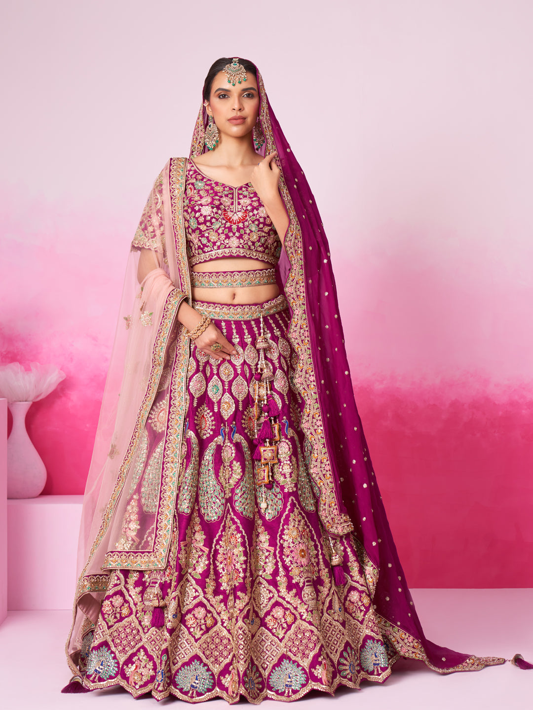Women Burgundy Pure silk Moti, Sequins embroidery Bridel Lehenga choli & Dupatta