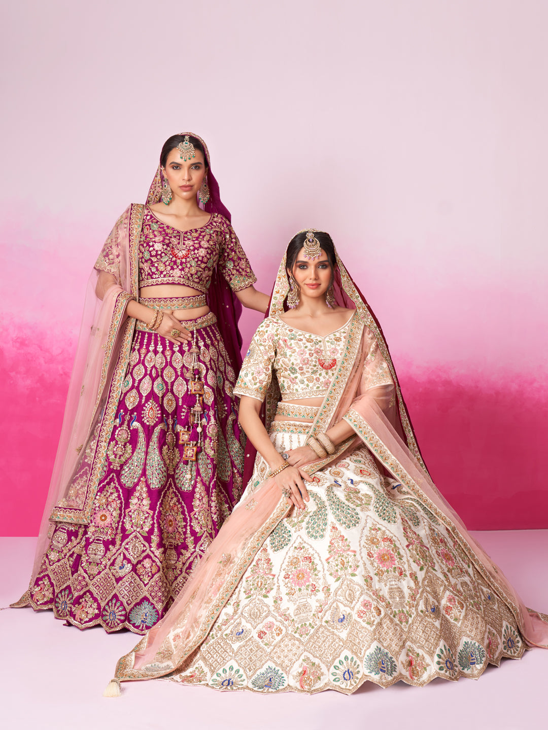 Women Cream Pure silk Moti, Sequins embroidery Bridel Lehenga choli & Dupatta